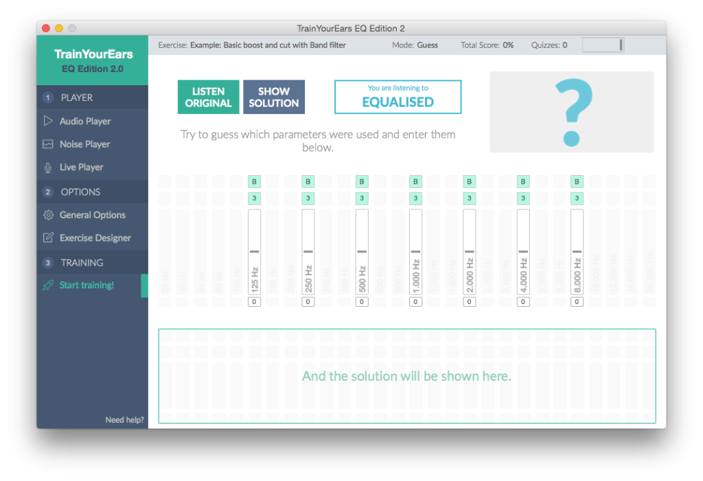 Equalized screen showing answer in TrainYourEars