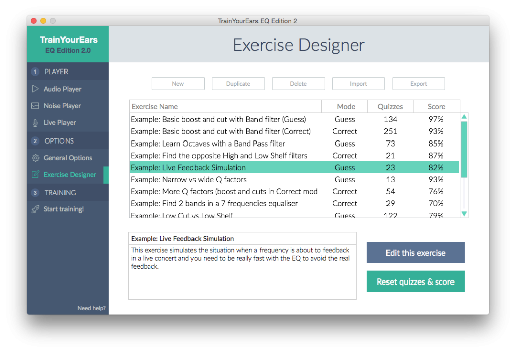 Exercise Designer panel in TrainYourEars