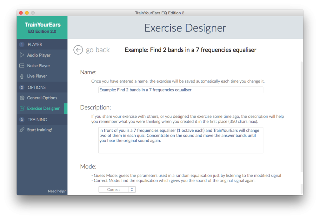 Exercise Editor panel in TrainYourEars