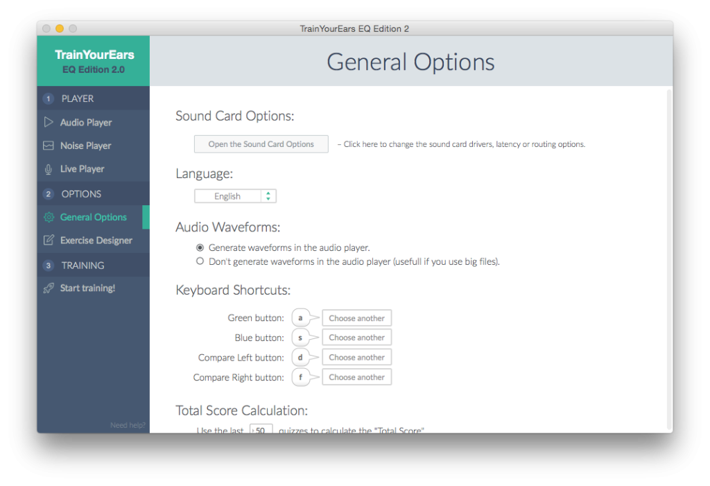 General Options panel in TrainYourEars