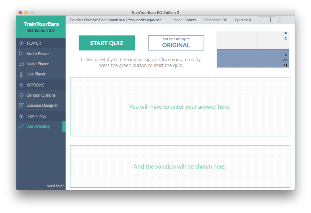 Training in Correct Mode main interface showing the quiz workflow