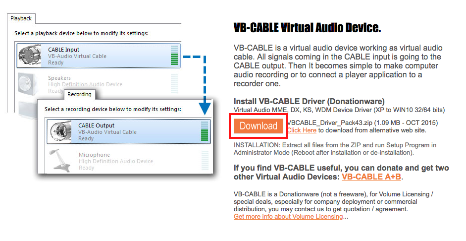 VB-Cable virtual audio driver download page for Windows